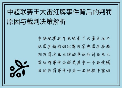 中超联赛王大雷红牌事件背后的判罚原因与裁判决策解析
