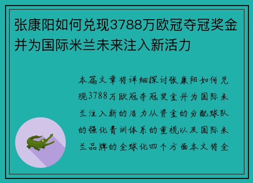 张康阳如何兑现3788万欧冠夺冠奖金并为国际米兰未来注入新活力