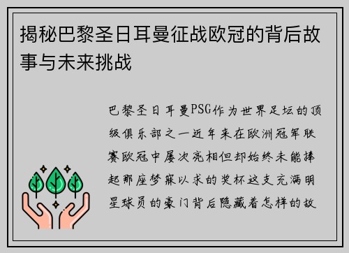 揭秘巴黎圣日耳曼征战欧冠的背后故事与未来挑战